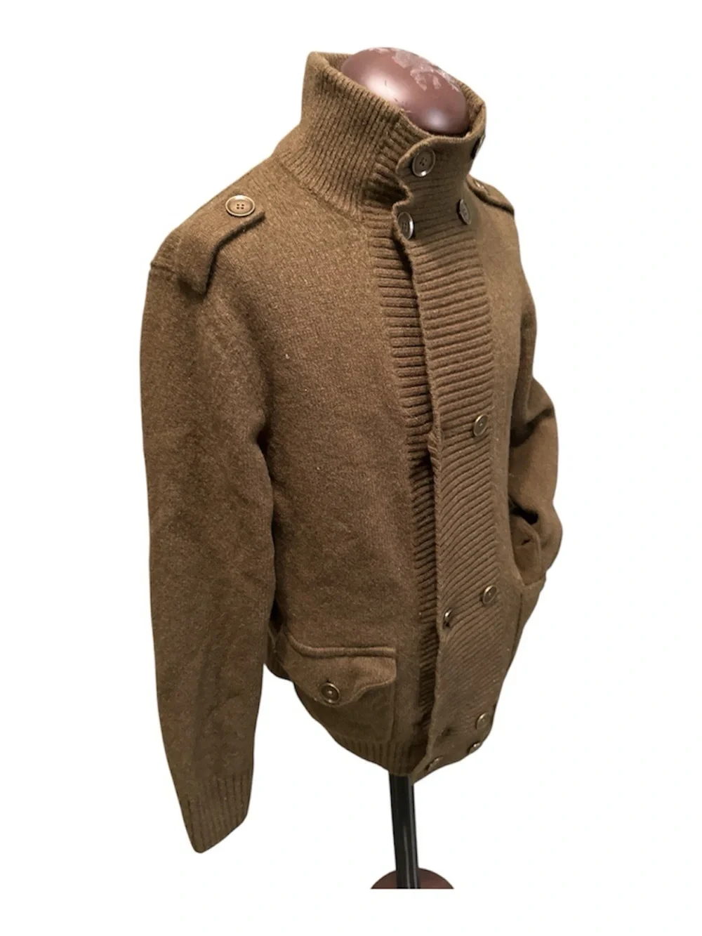 Men’s Lambswool Khaki Double‑Breasted Cardigan w/ Epaulettes – Tasso Elba M